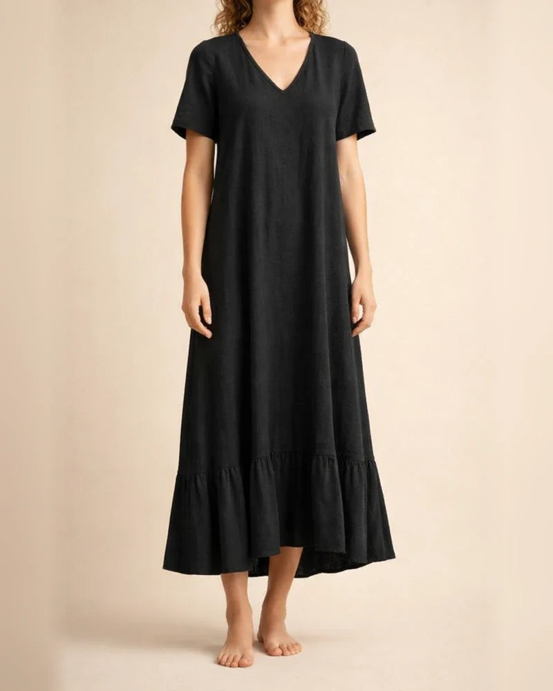 Women's Solid Color V-neck Lace-up Short Sleeve A-line Long Dress Red Blue Black Dark Brown | JRSEE:9cf1cb3d-8ef2-4ddb-adf5-5e00fad63478