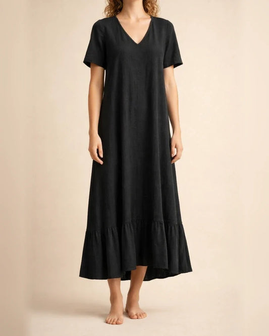 Women's Solid Color V-neck Lace-up Short Sleeve A-line Long Dress Red Blue Black Dark Brown | JRSEE:9cf1cb3d-8ef2-4ddb-adf5-5e00fad63478