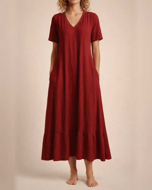 Women's Solid Color V-neck Lace-up Short Sleeve A-line Long Dress Red Blue Black Dark Brown | JRSEE:01b15334-03a7-45dc-93b7-e167220a9a79