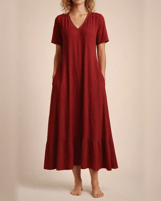 Women's Solid Color V-neck Lace-up Short Sleeve A-line Long Dress Red Blue Black Dark Brown | JRSEE:01b15334-03a7-45dc-93b7-e167220a9a79