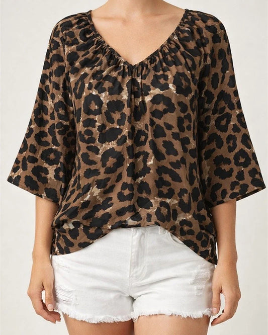 Women's Spring and Summer Fashion Shirt Leopard Half-sleeved V-neck Shirt | JRSEE:9934adb6-718a-4ad0-8010-d5f206454e73