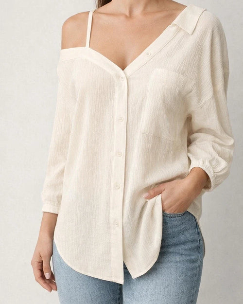 Women's Spring and Summer Lapel Sleeve Off-shoulder Cardigan Textured Casual Shirt | JRSEE:4d8ed25a-55ea-4229-b5cd-bd92089b9acd