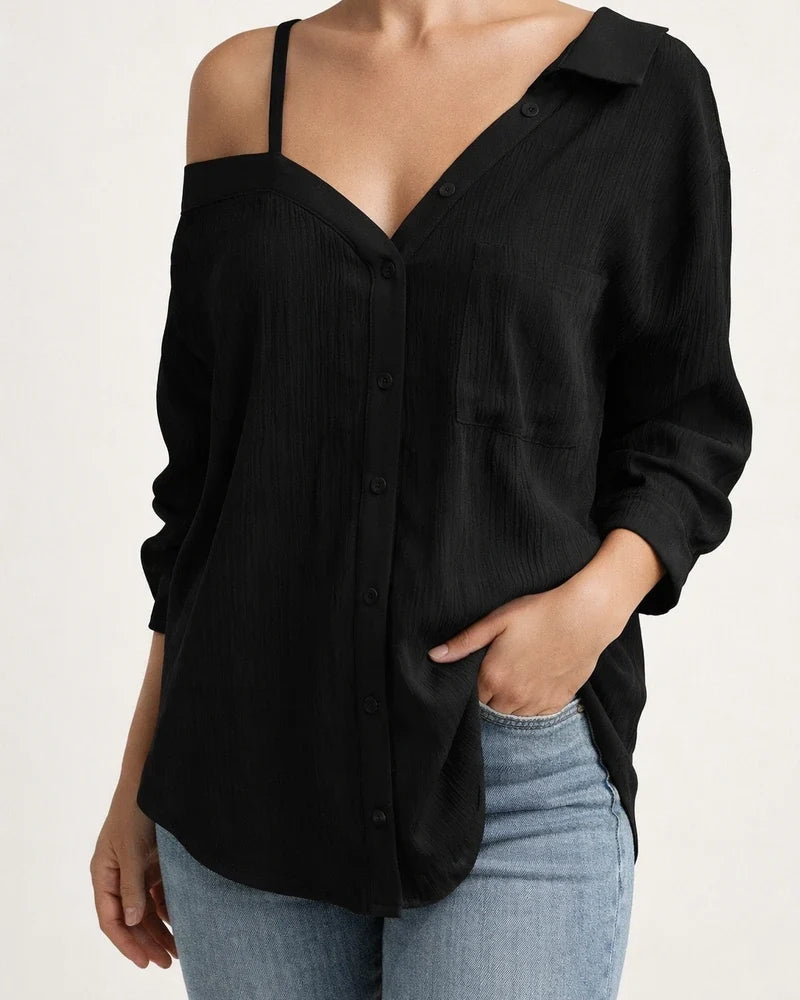 Women's Spring and Summer Lapel Sleeve Off-shoulder Cardigan Textured Casual Shirt | JRSEE:c95e8edc-14f0-43da-be08-0f8f9bf99f73