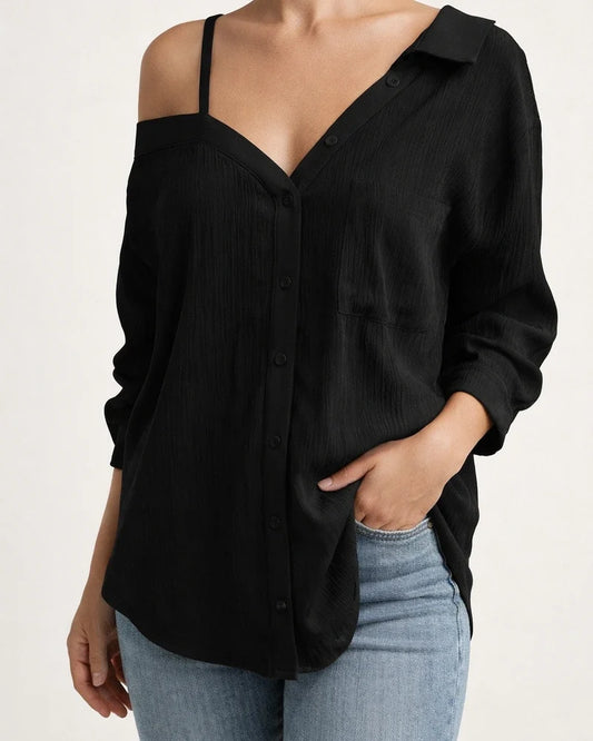Women's Spring and Summer Lapel Sleeve Off-shoulder Cardigan Textured Casual Shirt | JRSEE:c95e8edc-14f0-43da-be08-0f8f9bf99f73