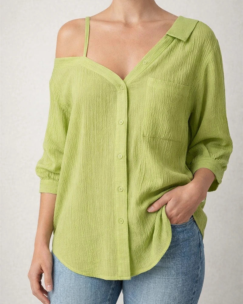 Women's Spring and Summer Lapel Sleeve Off-shoulder Cardigan Textured Casual Shirt | JRSEE:77212c9e-103b-47c4-a399-ffe16e190c11