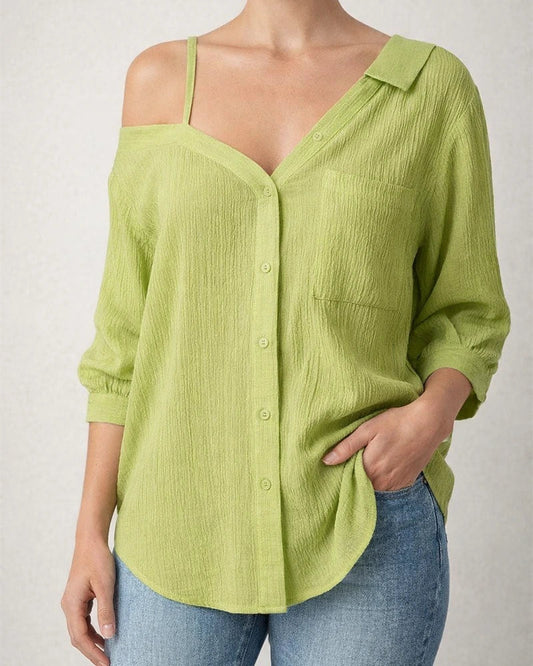Women's Spring and Summer Lapel Sleeve Off-shoulder Cardigan Textured Casual Shirt | JRSEE:77212c9e-103b-47c4-a399-ffe16e190c11