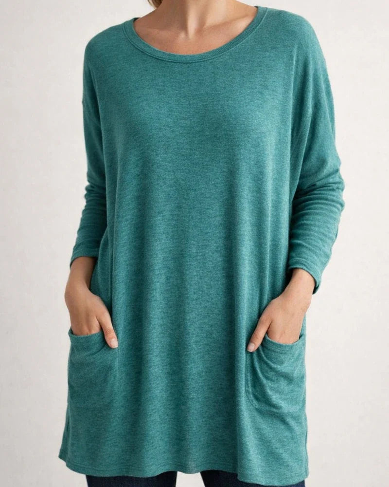 Women's Spring and Summer Solid Color New American Round Neck Long Sleeve Loose Pocket Solid Color T-shirt Casual Women's S,M,L,XL,XXL,3XL,4XL,5XL | JRSEE:420a899a-307b-4975-ba64-833e0c4ceabe