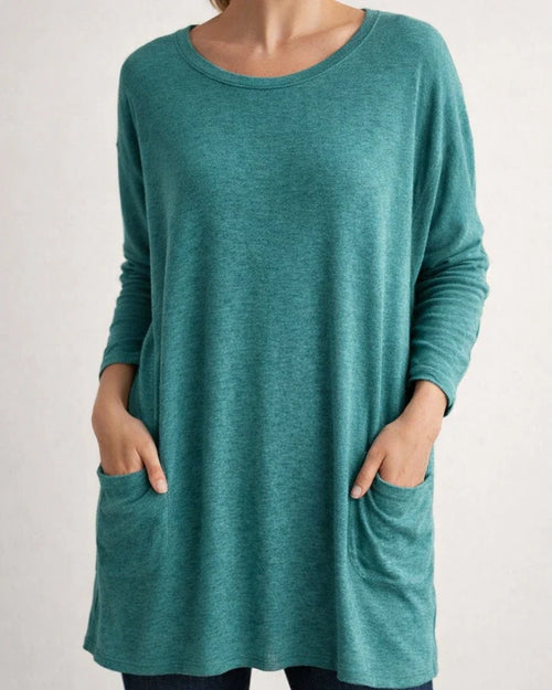 Women's Spring and Summer Solid Color New American Round Neck Long Sleeve Loose Pocket Solid Color T-shirt Casual Women's S,M,L,XL,XXL,3XL,4XL,5XL | JRSEE:420a899a-307b-4975-ba64-833e0c4ceabe