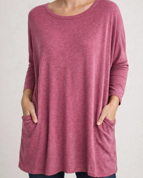 Women's Spring and Summer Solid Color New American Round Neck Long Sleeve Loose Pocket Solid Color T-shirt Casual Women's S,M,L,XL,XXL,3XL,4XL,5XL | JRSEE:3910d635-8734-4d11-b5da-48b58b4f419b