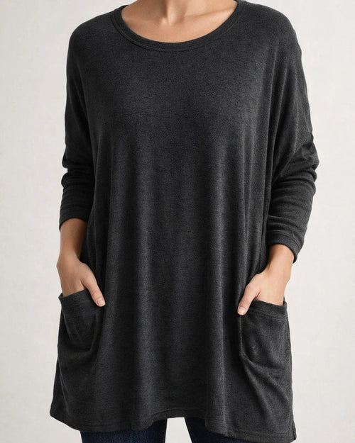Women's Spring and Summer Solid Color New American Round Neck Long Sleeve Loose Pocket Solid Color T-shirt Casual Women's S,M,L,XL,XXL,3XL,4XL,5XL | JRSEE:02d6ec10-8286-4f7e-978f-4aa5d0d51acb