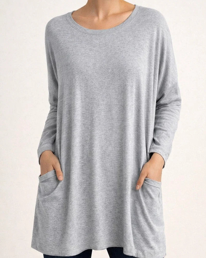 Women's Spring and Summer Solid Color New American Round Neck Long Sleeve Loose Pocket Solid Color T-shirt Casual Women's S,M,L,XL,XXL,3XL,4XL,5XL | JRSEE:33f515ba-43fd-48d2-82e6-30c928781354