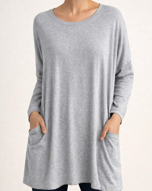 Women's Spring and Summer Solid Color New American Round Neck Long Sleeve Loose Pocket Solid Color T-shirt Casual Women's S,M,L,XL,XXL,3XL,4XL,5XL | JRSEE:33f515ba-43fd-48d2-82e6-30c928781354