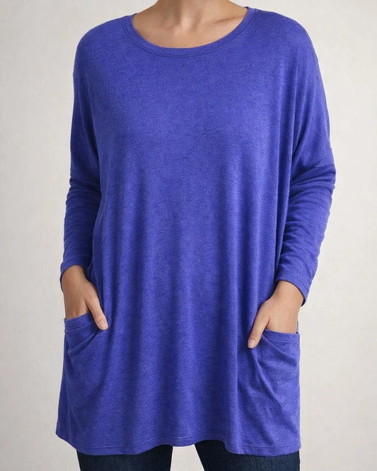 Women's Spring and Summer Solid Color New American Round Neck Long Sleeve Loose Pocket Solid Color T-shirt Casual Women's S,M,L,XL,XXL,3XL,4XL,5XL | JRSEE:3cb9471b-4b5d-4fa3-9a2e-0596647b863f