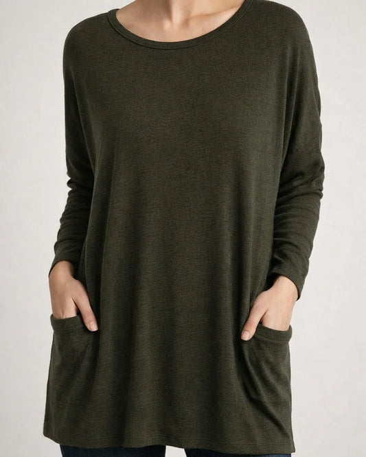 Women's Spring and Summer Solid Color New American Round Neck Long Sleeve Loose Pocket Solid Color T-shirt Casual Women's S,M,L,XL,XXL,3XL,4XL,5XL | JRSEE:dd9a2777-013b-4b3a-976a-b0f043306d14