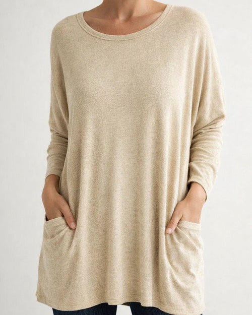 Women's Spring and Summer Solid Color New American Round Neck Long Sleeve Loose Pocket Solid Color T-shirt Casual Women's S,M,L,XL,XXL,3XL,4XL,5XL | JRSEE:646ff21a-7907-499c-a4da-831c0569fbe9