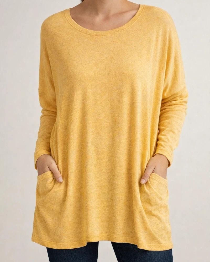 Women's Spring and Summer Solid Color New American Round Neck Long Sleeve Loose Pocket Solid Color T-shirt Casual Women's S,M,L,XL,XXL,3XL,4XL,5XL | JRSEE:84e1772f-656b-4b68-8cbd-16cb339cf3cb