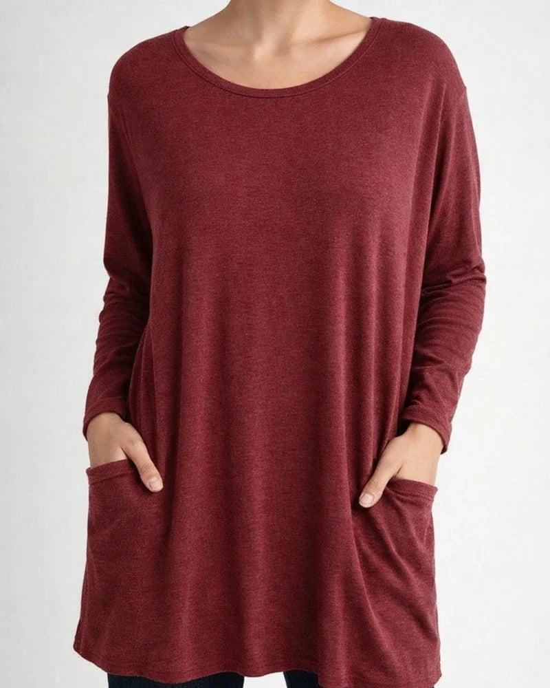 Women's Spring and Summer Solid Color New American Round Neck Long Sleeve Loose Pocket Solid Color T-shirt Casual Women's S,M,L,XL,XXL,3XL,4XL,5XL | JRSEE:c7559a49-b0f7-4a94-b411-820ad5a88dc4