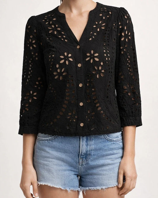 Women's Spring/Fall Fashion Lace Openwork Long-Sleeve V-Neck Shirt | JRSEE:c5ea0bd7-a0fa-4d35-8d3a-9cee2a89a532