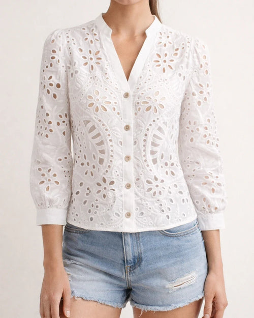 Women's Spring/Fall Fashion Lace Openwork Long-Sleeve V-Neck Shirt | JRSEE:98f64812-f935-463e-904b-61e152dafaf2