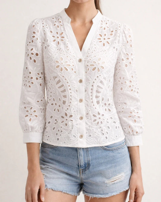 Women's Spring/Fall Fashion Lace Openwork Long-Sleeve V-Neck Shirt | JRSEE:98f64812-f935-463e-904b-61e152dafaf2