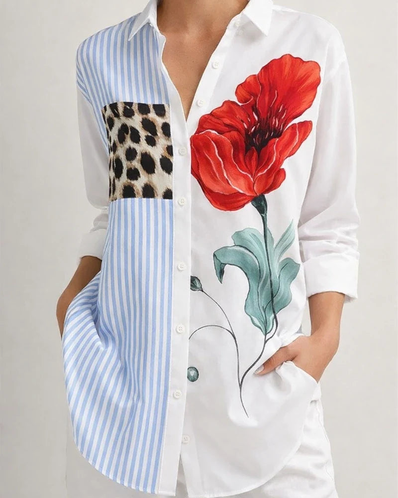 Women’s Spring Fall Long-Sleeve Button-Down Shirt Floral Print Women’s Button-Down Shirt | JRSEE:e520d67b-00fb-47c5-80fe-9b54250763dd