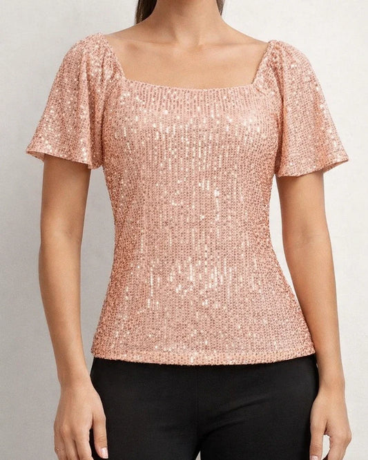 Women's Square Neck Fashion Short-sleeved Sequins Bubble Sleeve Fashion Shirt | JRSEE:1ec0ce0a-9275-4895-98f6-443516c9846a