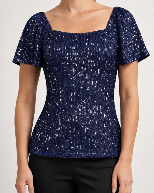 Women's Square Neck Fashion Short-sleeved Sequins Bubble Sleeve Fashion Shirt | JRSEE:6bfdf02f-ff04-4d11-bdac-27b17d683052