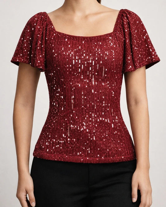 Women's Square Neck Fashion Short-sleeved Sequins Bubble Sleeve Fashion Shirt | JRSEE:2130a183-1128-4cef-911a-813eed7046b3