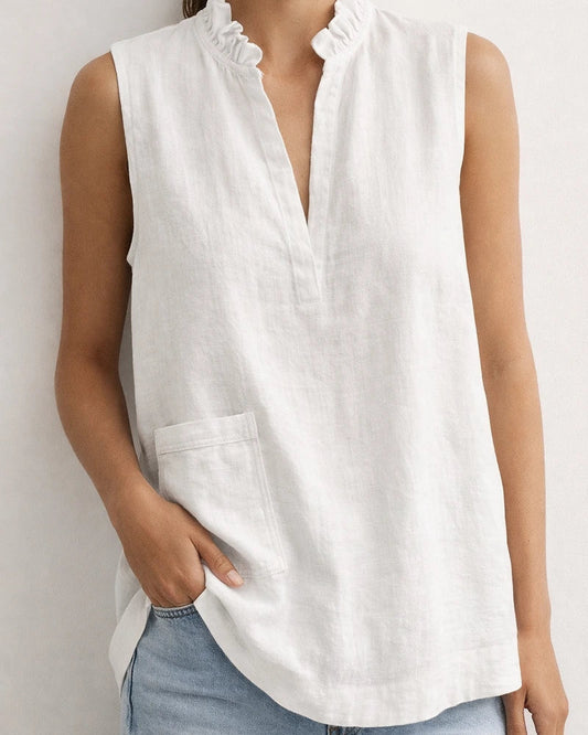 Women's Stand-Up Collar Ruffled Cotton-Linen Shirt Summer Sleeveless Top | JRSEE:a35d2b20-a575-4953-8114-17984abe9f86