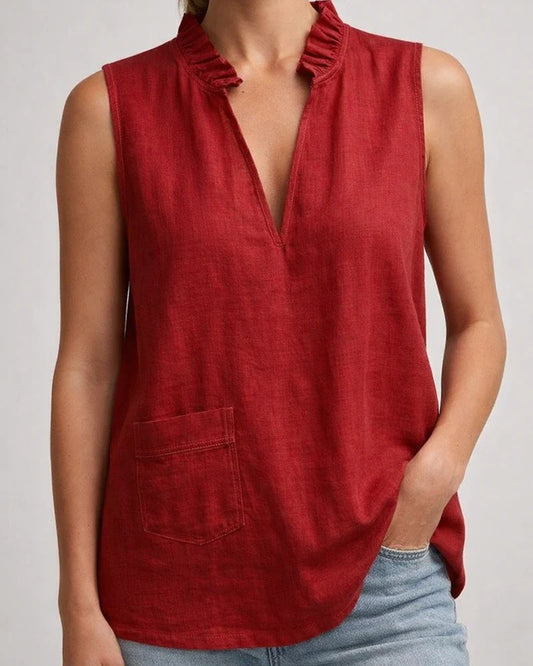 Women's Stand-Up Collar Ruffled Cotton-Linen Shirt Summer Sleeveless Top | JRSEE:0b0cccbd-7299-4023-932c-6766fe734fba
