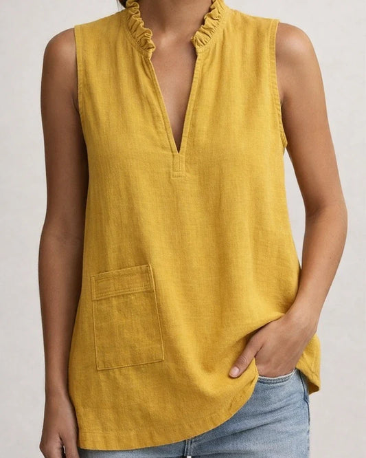 Women's Stand-Up Collar Ruffled Cotton-Linen Shirt Summer Sleeveless Top | JRSEE:19d5c024-7f3f-46d0-912d-8ef9a64670a8