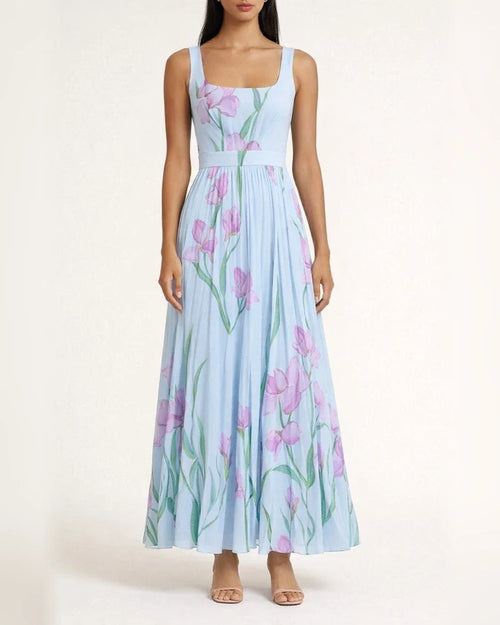 Women's Strapless Digital-Print Pleated Floral Long Sleeveless Dress | JRSEE:f4f6586f-e097-47be-b710-f0dd5f6198de