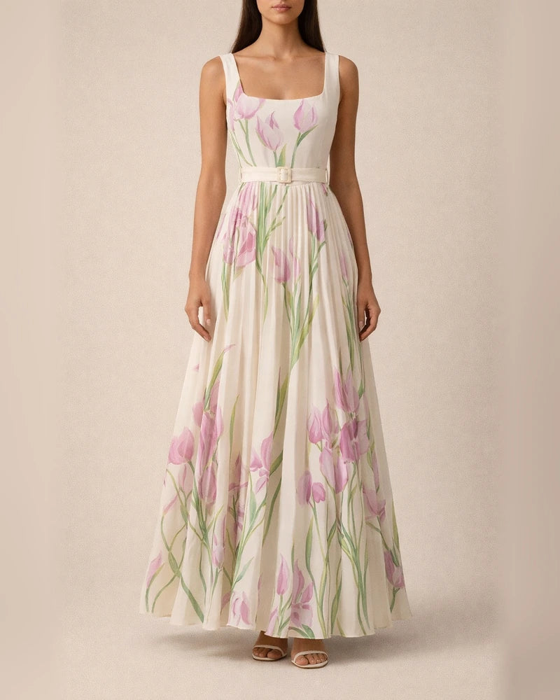 Women's Strapless Digital-Print Pleated Floral Long Sleeveless Dress | JRSEE:c8735944-726a-4667-a0ad-c1a42945cf59
