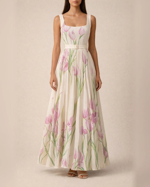 Women's Strapless Digital-Print Pleated Floral Long Sleeveless Dress | JRSEE:c8735944-726a-4667-a0ad-c1a42945cf59