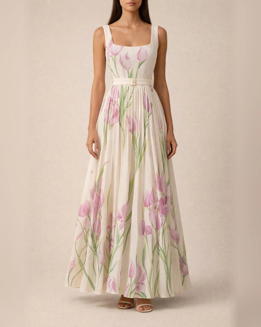 Women's Strapless Digital-Print Pleated Floral Long Sleeveless Dress | JRSEE:c8735944-726a-4667-a0ad-c1a42945cf59