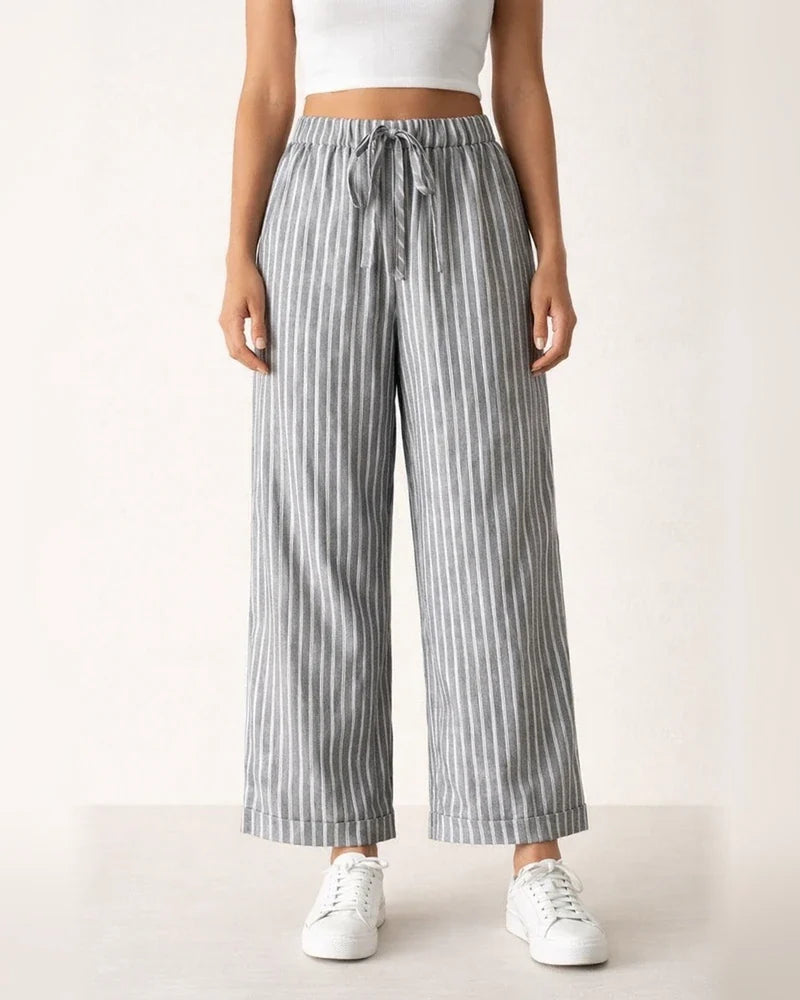 Women's Striped Cotton-Linen Casual Loose-Fit Straight-Leg Wide-Leg Cropped Pants | JRSEE:b025db26-387d-4402-a979-b092b0244af9