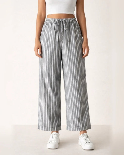 Women's Striped Cotton-Linen Casual Loose-Fit Straight-Leg Wide-Leg Cropped Pants | JRSEE:b025db26-387d-4402-a979-b092b0244af9