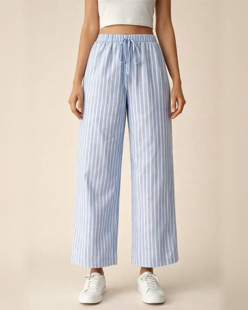 Women's Striped Cotton-Linen Casual Loose-Fit Straight-Leg Wide-Leg Cropped Pants | JRSEE:a0cfd999-1061-4826-be9a-e60ca483151b
