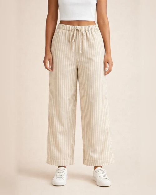 Women's Striped Cotton-Linen Casual Loose-Fit Straight-Leg Wide-Leg Cropped Pants | JRSEE:24767e25-e555-4bfa-8548-e3f513e5ce06