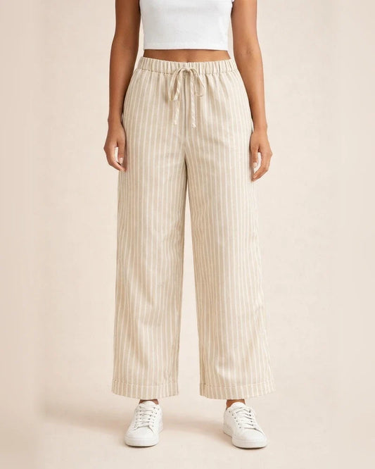 Women's Striped Cotton-Linen Casual Loose-Fit Straight-Leg Wide-Leg Cropped Pants | JRSEE:24767e25-e555-4bfa-8548-e3f513e5ce06