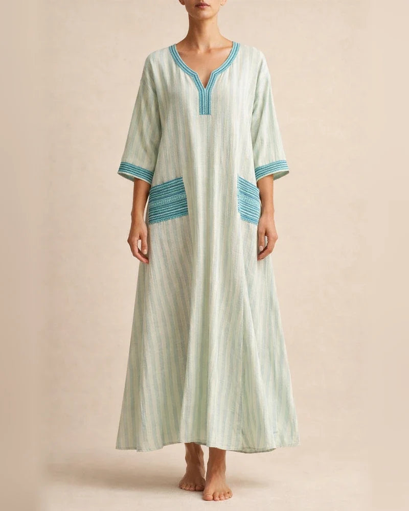 Women's Summer 3D-Printed V-Neck 3/4-Sleeve Long Dress with Patch Pockets | JRSEE:71042e5e-1ca3-42cf-8110-4c9ebf9e387d