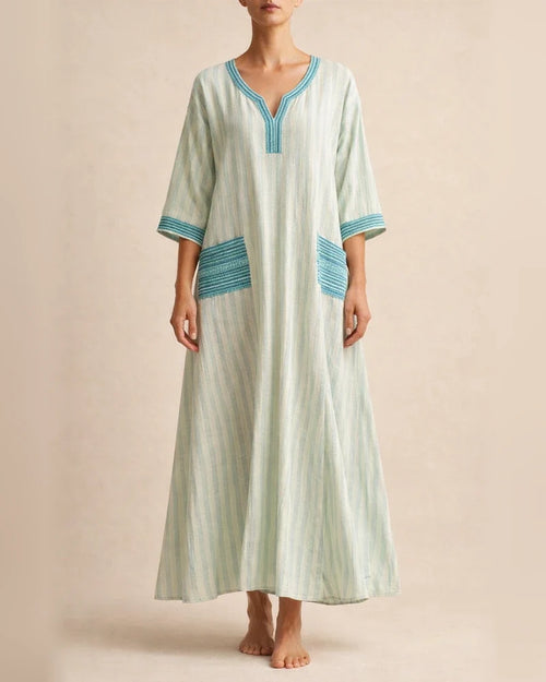 Women's Summer 3D-Printed V-Neck 3/4-Sleeve Long Dress with Patch Pockets | JRSEE:71042e5e-1ca3-42cf-8110-4c9ebf9e387d