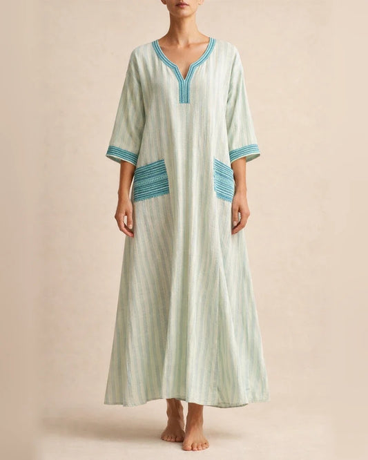 Women's Summer 3D-Printed V-Neck 3/4-Sleeve Long Dress with Patch Pockets | JRSEE:71042e5e-1ca3-42cf-8110-4c9ebf9e387d