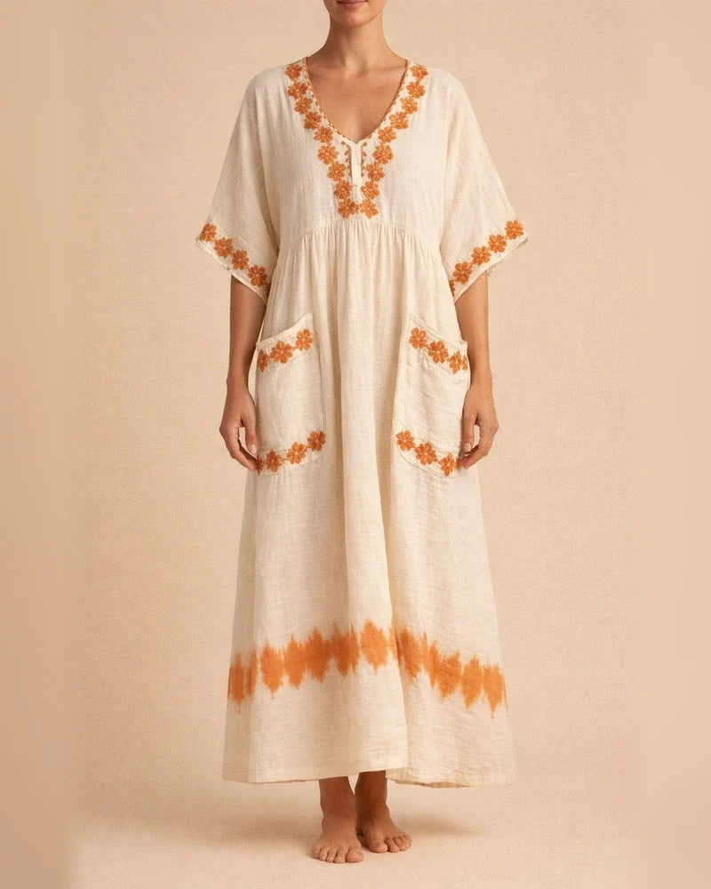 Women's Summer 3D-Printed V-Neck 3/4-Sleeve Long Dress with Patch Pockets | JRSEE:57017cde-e9e4-4204-a864-41c3cdc192de