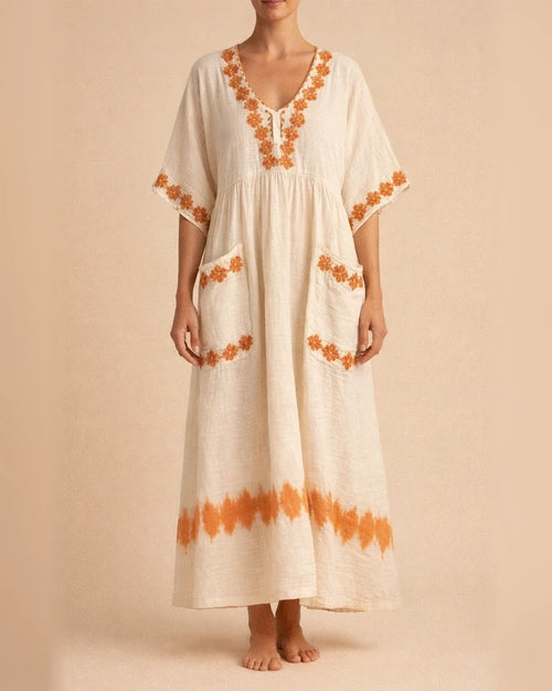 Women's Summer 3D-Printed V-Neck 3/4-Sleeve Long Dress with Patch Pockets | JRSEE:57017cde-e9e4-4204-a864-41c3cdc192de