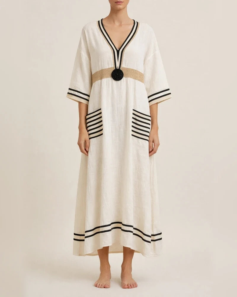 Women's Summer 3D-Printed V-Neck 3/4-Sleeve Long Dress with Patch Pockets | JRSEE:bdcf7863-7a5e-4094-a6b4-50ab3e2f8e91