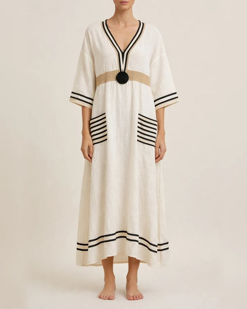Women's Summer 3D-Printed V-Neck 3/4-Sleeve Long Dress with Patch Pockets | JRSEE:bdcf7863-7a5e-4094-a6b4-50ab3e2f8e91