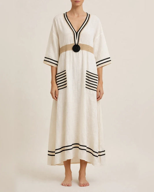 Women's Summer 3D-Printed V-Neck 3/4-Sleeve Long Dress with Patch Pockets | JRSEE:bdcf7863-7a5e-4094-a6b4-50ab3e2f8e91
