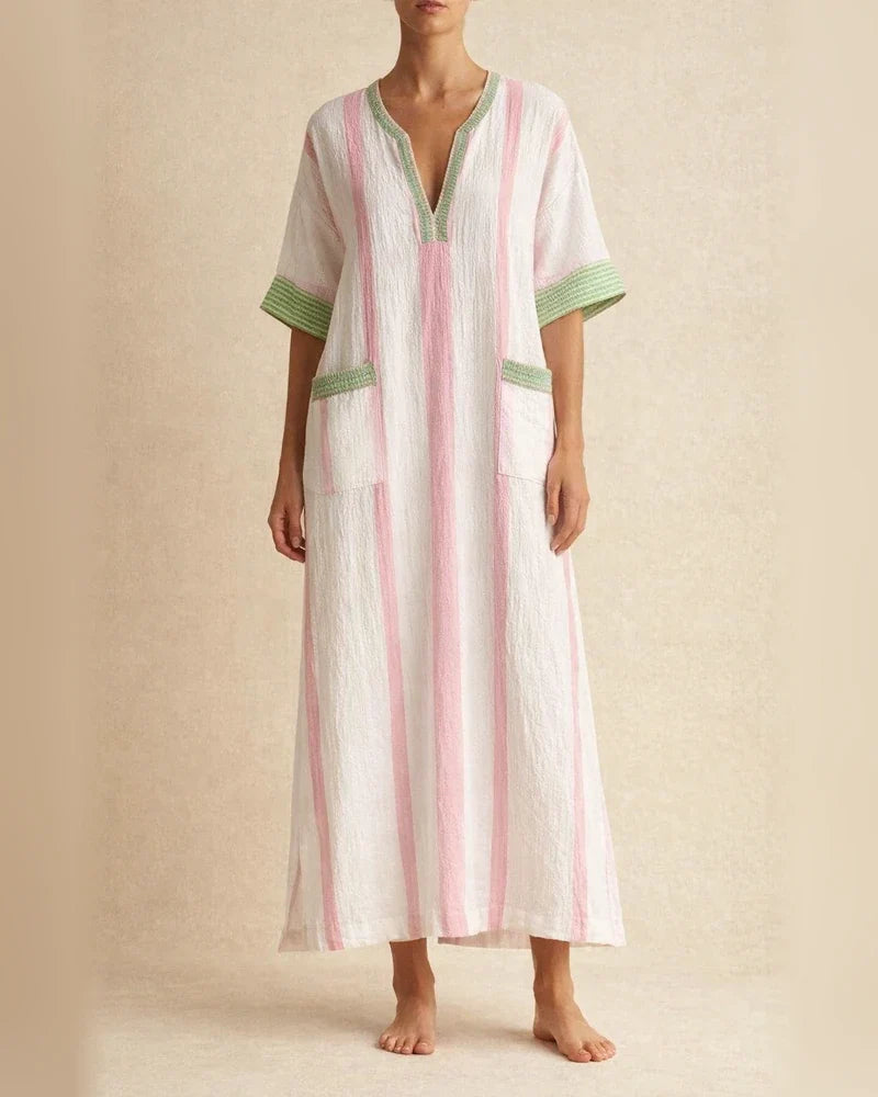 Women's Summer 3D-Printed V-Neck 3/4-Sleeve Long Dress with Patch Pockets | JRSEE:3bc0deef-1b01-4329-af7d-1e73f5dc611a