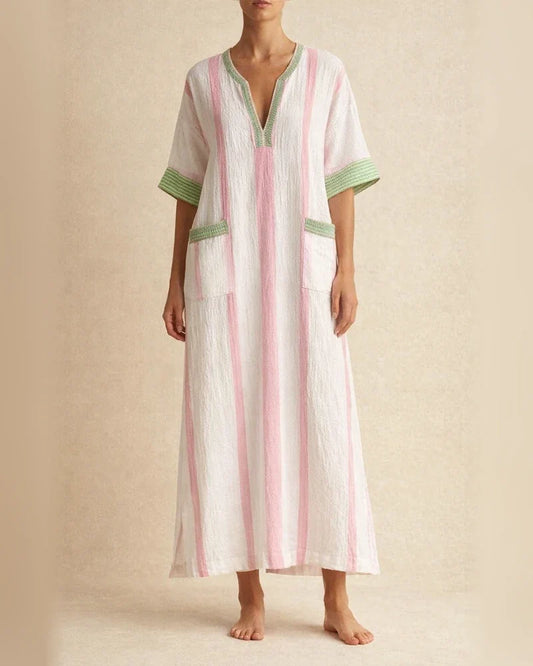 Women's Summer 3D-Printed V-Neck 3/4-Sleeve Long Dress with Patch Pockets | JRSEE:3bc0deef-1b01-4329-af7d-1e73f5dc611a
